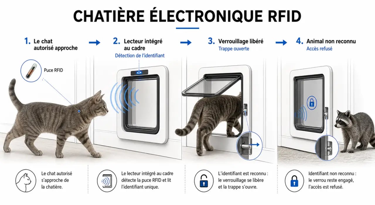Schéma de fonctionnement d'une chatière électronique avec puce RFID