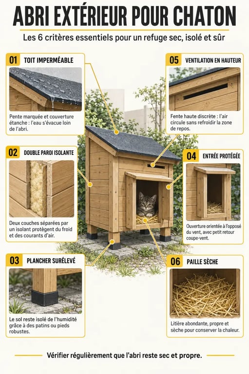 Infographie des éléments essentiels d’un abri chaton extérieur isolé et sécurisé