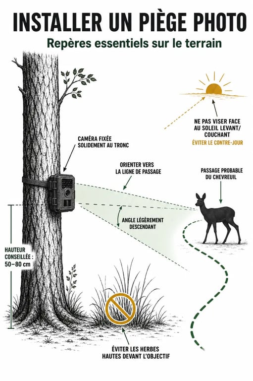 Piège photo animaux installé correctement dans la forêt avec angle et hauteur de pose recommandés