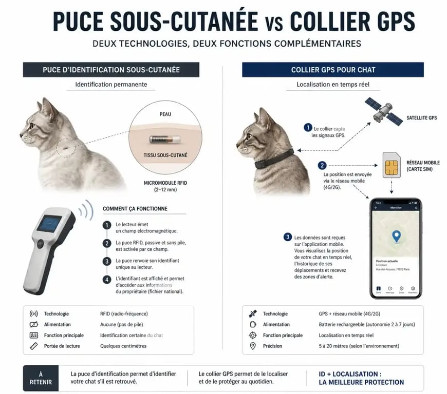 Schéma comparatif puce d'identification et puce GPS pour chat