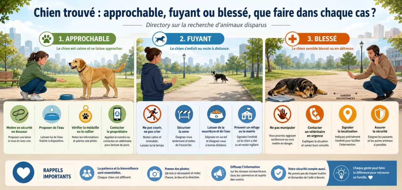 Chien trouvé : approchable, fuyant ou blessé, que faire dans chaque cas ?