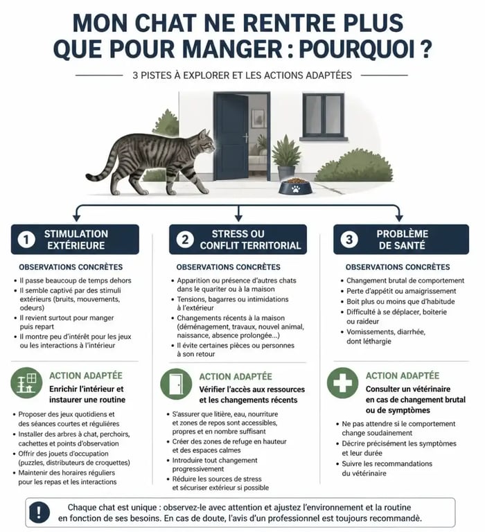 Schéma pour comprendre pourquoi mon chat ne rentre plus que pour manger et quelles actions entreprendre