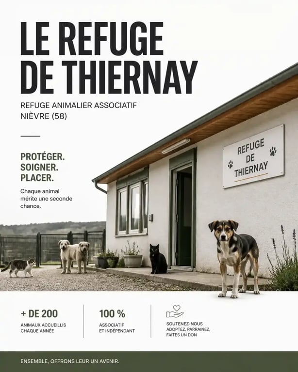 Refuge de Thiernay : vue extérieure du refuge associatif de la Nièvre avec signalétique et accueil des animaux