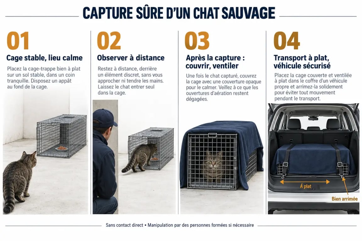 Illustration des étapes pour attraper un chat sauvage avec une cage-trappe en toute sécurité