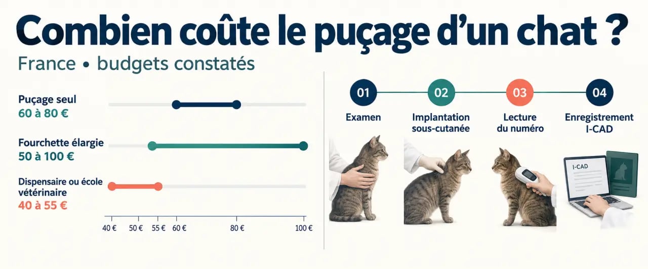 Infographie sur le prix pour pucer un chat et les étapes de l’enregistrement I-CAD