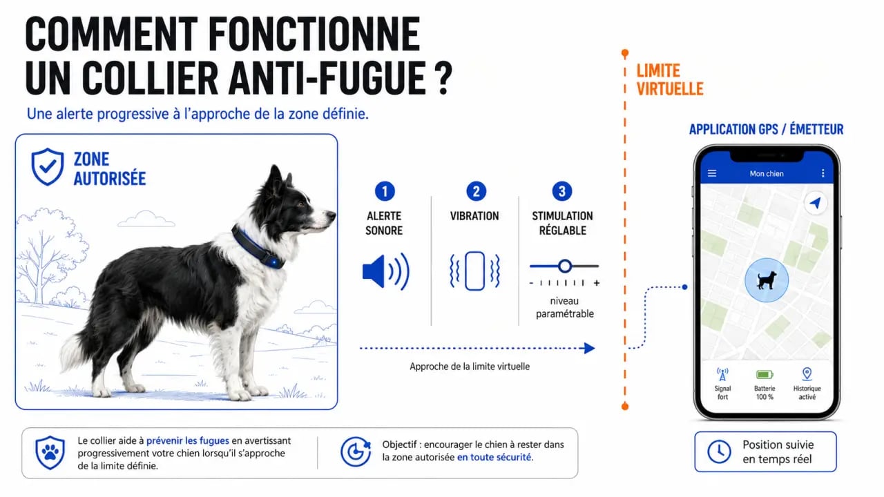 Schéma du fonctionnement d’un collier anti fugue pour chien
