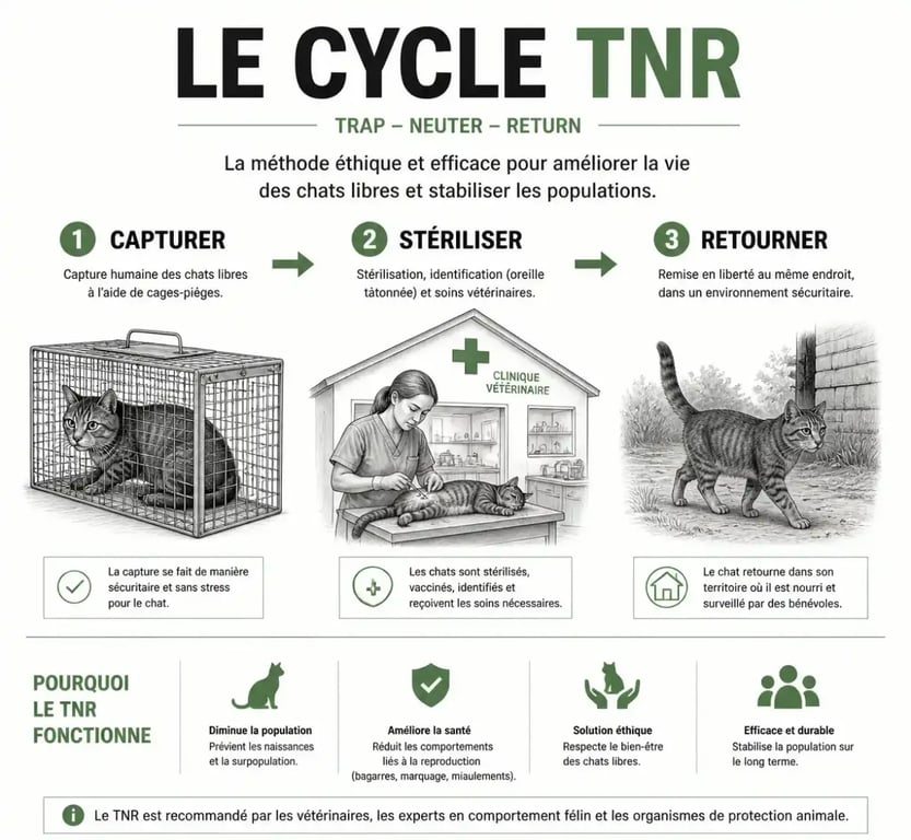 Infographie du processus TNR pour le piégeage des chats errants