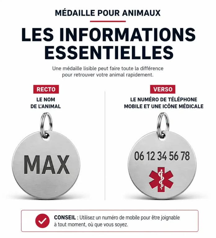Exemple de gravure sur médaille pour animaux avec numéro de téléphone et nom
