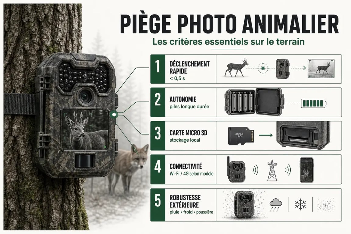 Critères essentiels d’un piège photo animaux : déclenchement, autonomie et connectivité