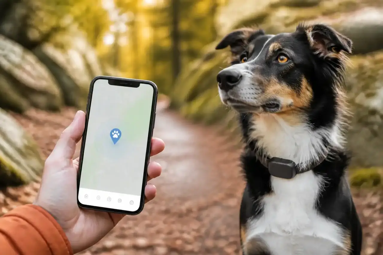 Chien équipé pour une recherche locale avec carte et alerte communautaire